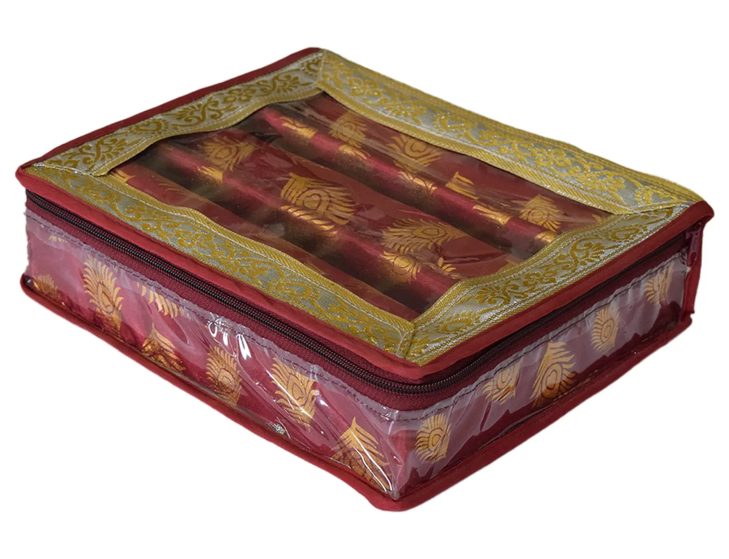 Heart Home Multipurpose Feather Design Laminated 3 Rod Bangle Box/Organizer/Case With Tranasparent Top (Maroon)-47HH0201