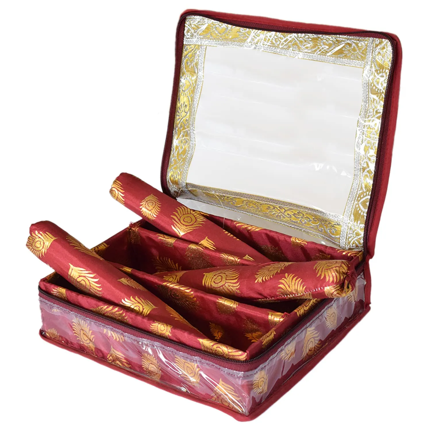 Heart Home Multipurpose Feather Design Laminated 3 Rod Bangle Box/Organizer/Case With Tranasparent Top (Maroon)-47HH0201