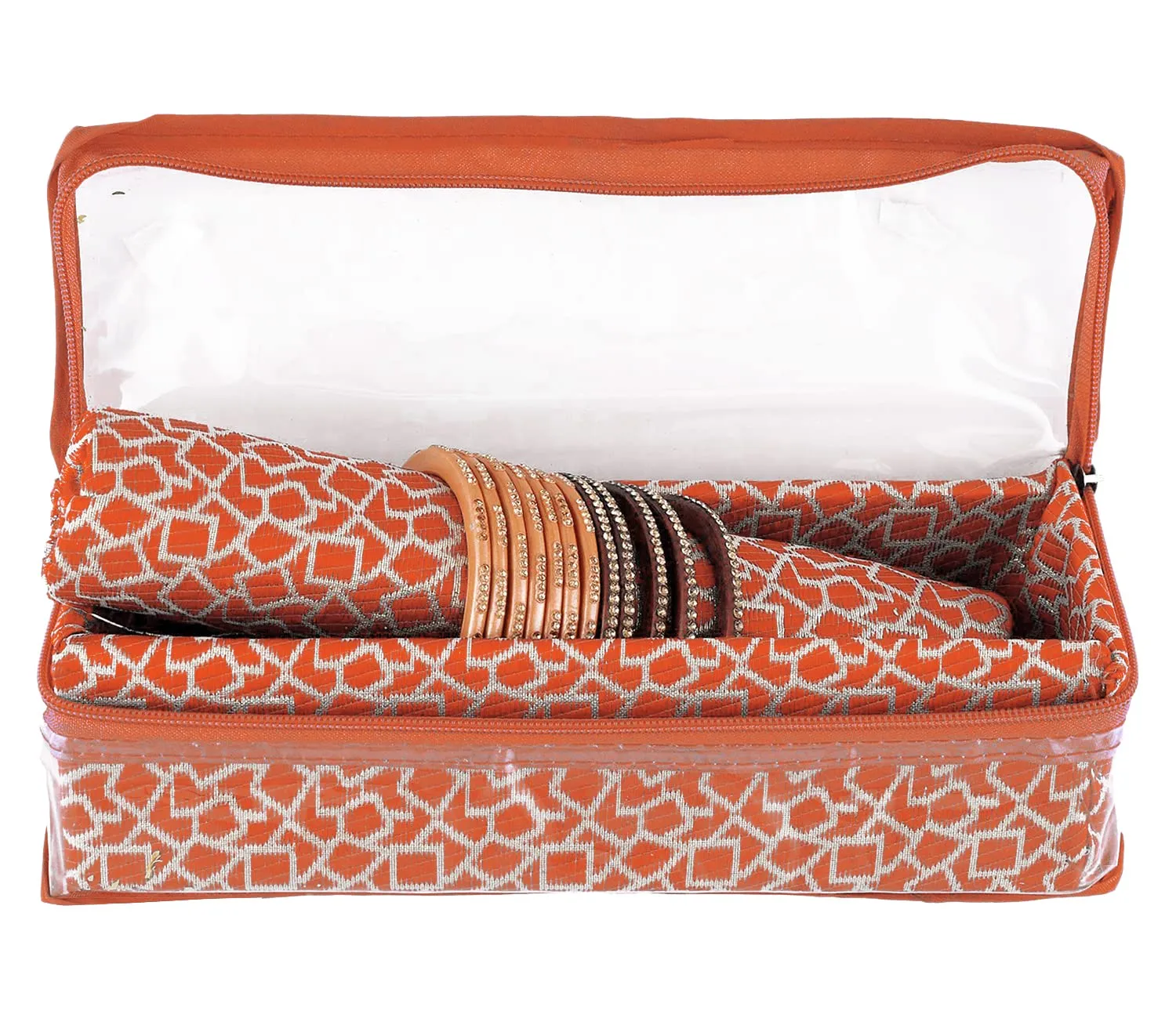 Heart Home Multipurpose Multi Saqare Design Laminated 1 Rod Bangle Box/Organizer/Case With Tranasparent Top - Pack of 2 (Orange)-47HH0315