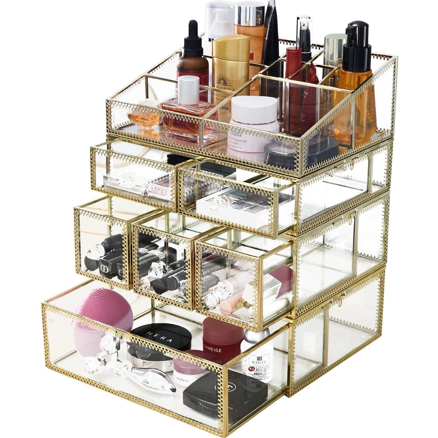 Hersoo Large Mirror Glass Top Dresser Make Up Organizer Jewelry &Cosmetic Display, Stackable Cube 6 Drawers Set Dresser Storage for Vanity with Lid,Bathroom Accessories Brushes Container (3drawerg)