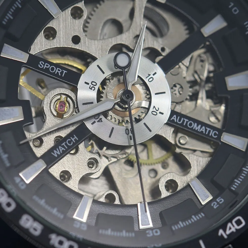 Hollow Skeleton Dial Automatic Mechanical Stainless Steel Band Wrist Watch