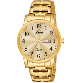 Jainx Premium Day & Date Feature Golden Dial Analogue Watch For Men - JM1179