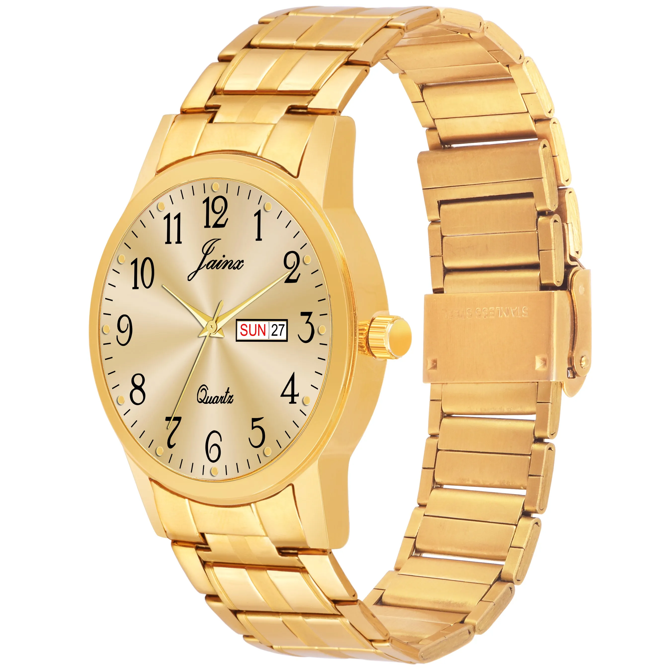Jainx Premium Day & Date Feature Golden Dial Analogue Watch For Men - JM1179