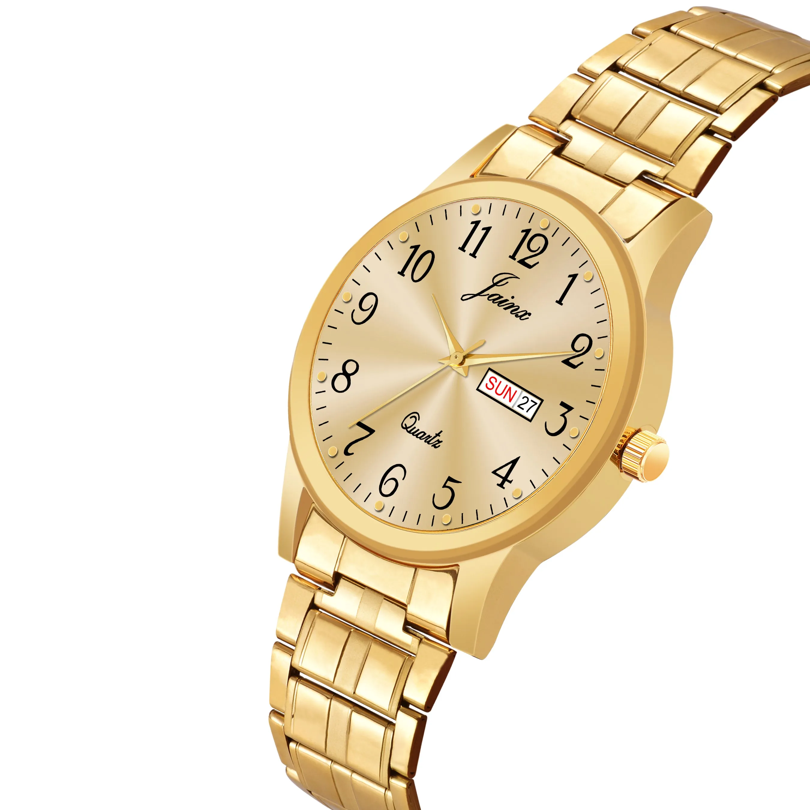 Jainx Premium Day & Date Feature Golden Dial Analogue Watch For Men - JM1179