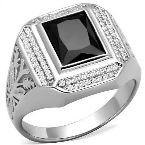 Jewellery Kingdom Sterling Jet Gemstone Cubic Zirconia Pinky Stamped Italian Mens Signet Ring (Silver& Black)