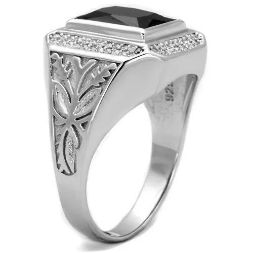 Jewellery Kingdom Sterling Jet Gemstone Cubic Zirconia Pinky Stamped Italian Mens Signet Ring (Silver& Black)