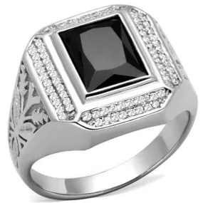 Jewellery Kingdom Sterling Jet Gemstone Cubic Zirconia Pinky Stamped Italian Mens Signet Ring (Silver& Black)