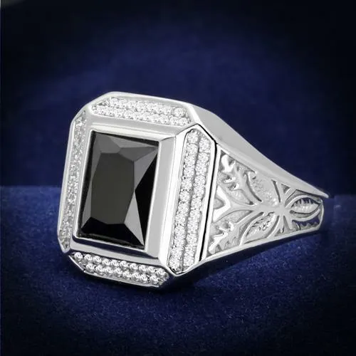 Jewellery Kingdom Sterling Jet Gemstone Cubic Zirconia Pinky Stamped Italian Mens Signet Ring (Silver& Black)