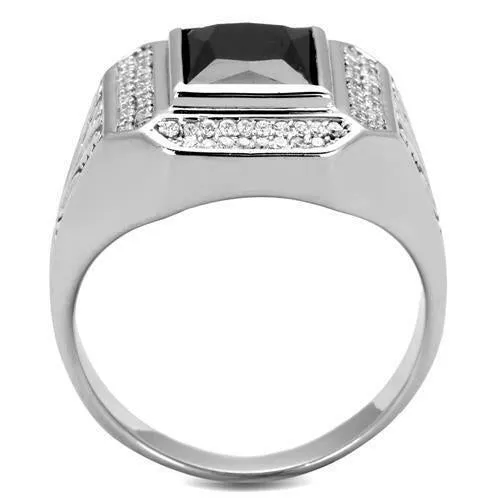 Jewellery Kingdom Sterling Jet Gemstone Cubic Zirconia Pinky Stamped Italian Mens Signet Ring (Silver& Black)