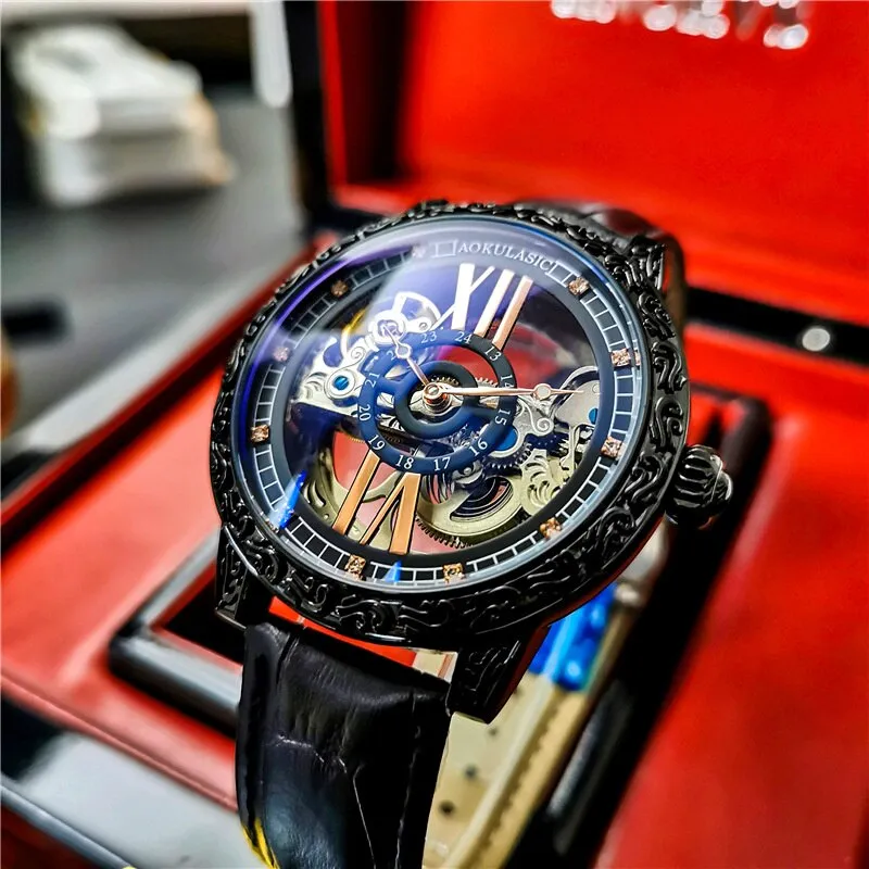 Luxury Automatic Mechanical Watch Men Tusso Wheel Double-sided Hollow Dial Carving WristWatch Luminous Man Clock 80h Working