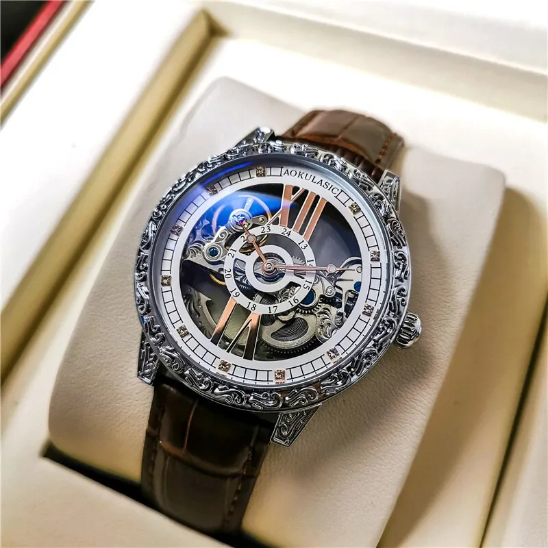 Luxury Automatic Mechanical Watch Men Tusso Wheel Double-sided Hollow Dial Carving WristWatch Luminous Man Clock 80h Working