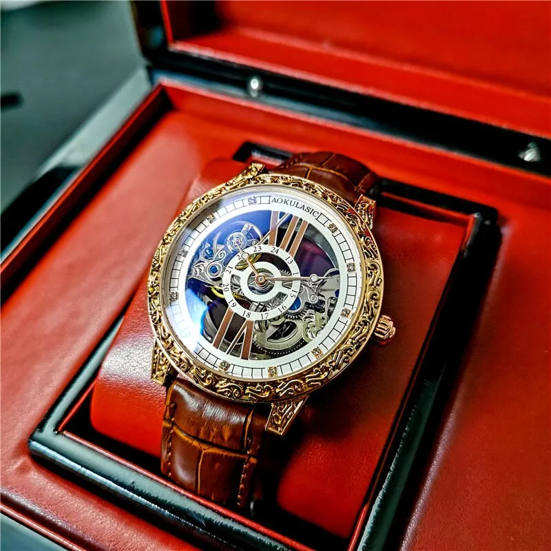 Luxury Automatic Mechanical Watch Men Tusso Wheel Double-sided Hollow Dial Carving WristWatch Luminous Man Clock 80h Working