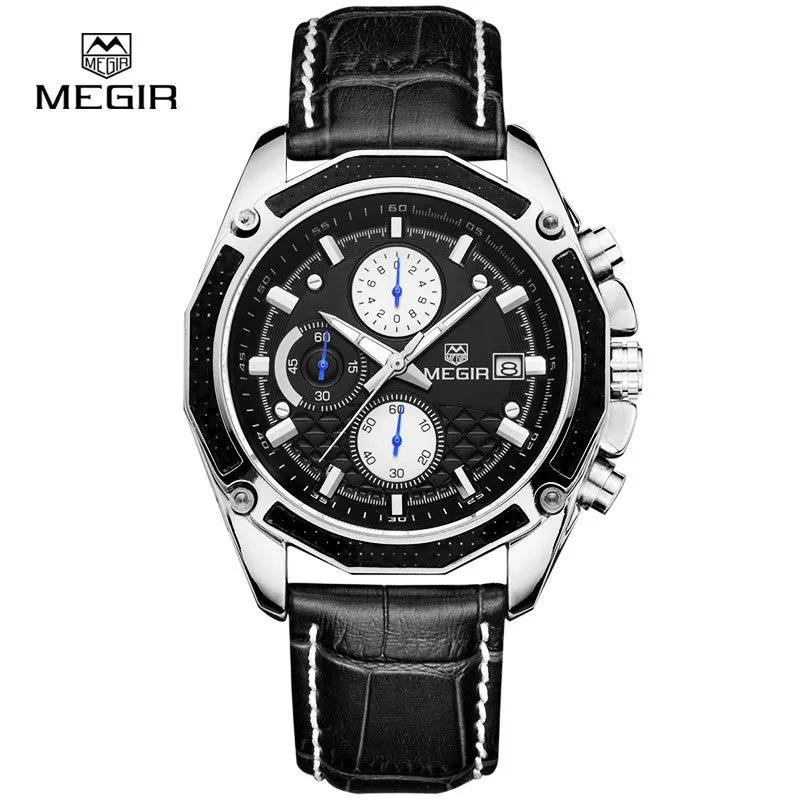 Megir fashion sport quartz watches men casual leather brand wristwatch man hot waterproof luminous stop watch for male hour