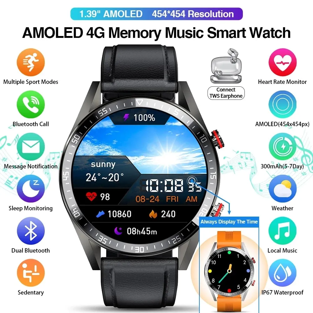New 454*454 Screen Smart Watch Always Display The Time Bluetooth Call Local Music Smartwatch For Men's Huawei Xiaomi Phone