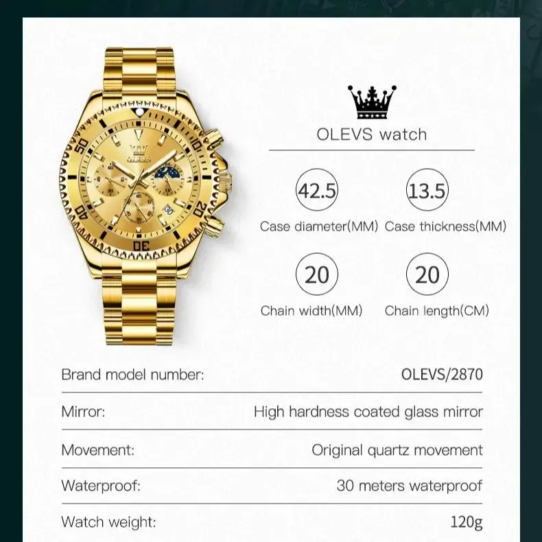 OLEVS Golden Stainless Steel Men's Watch