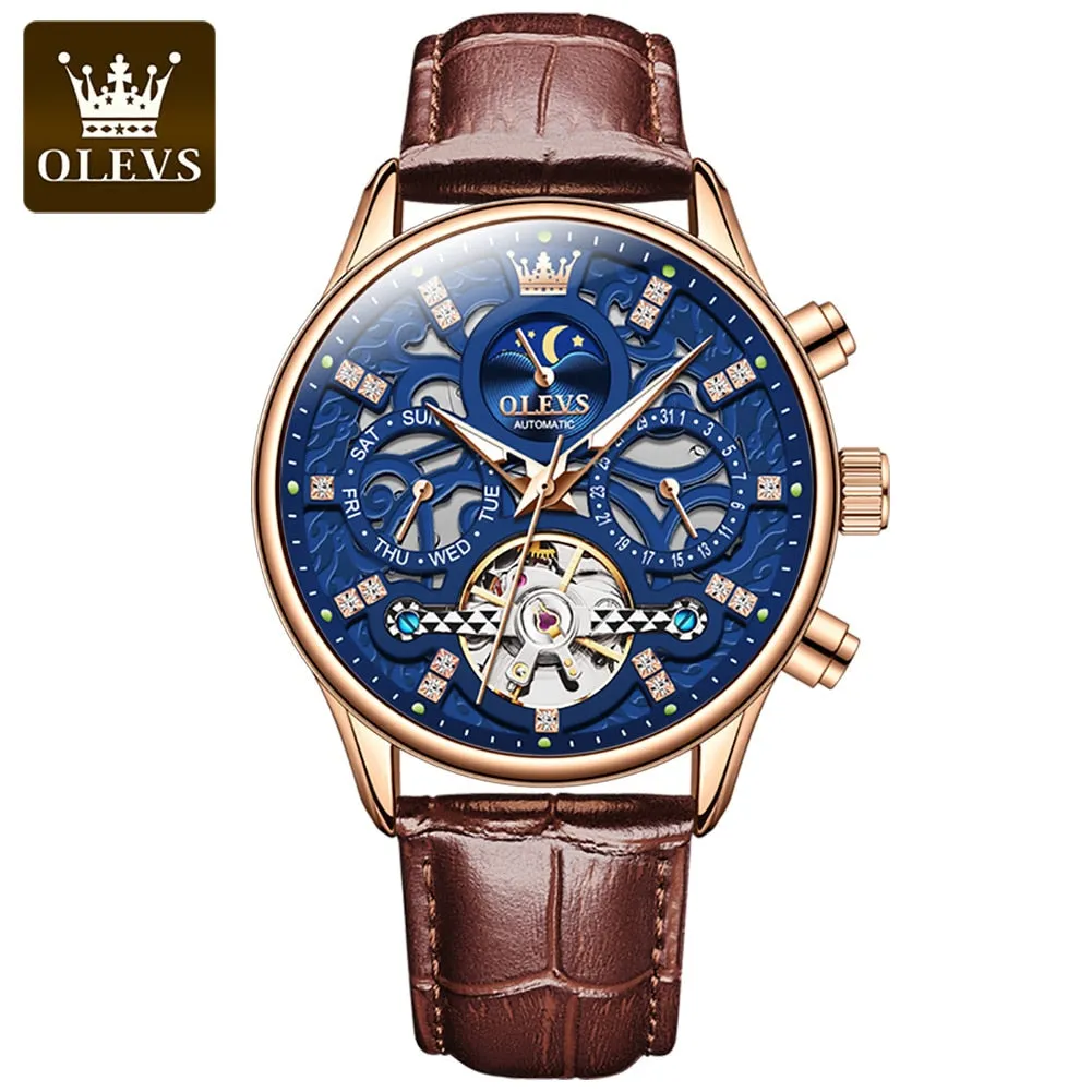 OLEVS Mechanical Watches Diamond Skeleton Automatic Self-Wind Moon Phase Business Wristwatch Waterproof Moonswatch