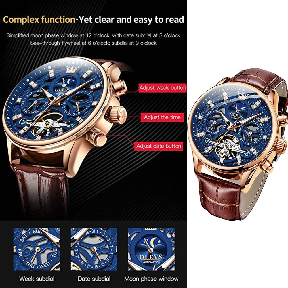 OLEVS Mechanical Watches Diamond Skeleton Automatic Self-Wind Moon Phase Business Wristwatch Waterproof Moonswatch
