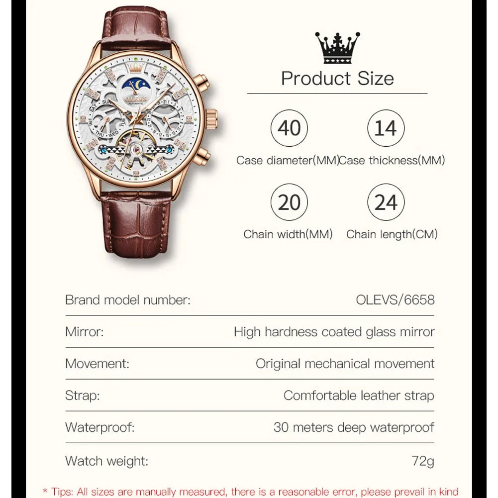 OLEVS Mechanical Watches Diamond Skeleton Automatic Self-Wind Moon Phase Business Wristwatch Waterproof Moonswatch