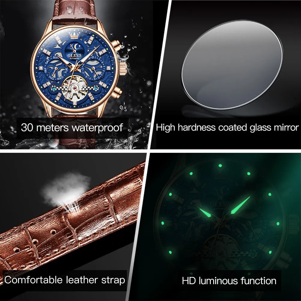 OLEVS Mechanical Watches Diamond Skeleton Automatic Self-Wind Moon Phase Business Wristwatch Waterproof Moonswatch