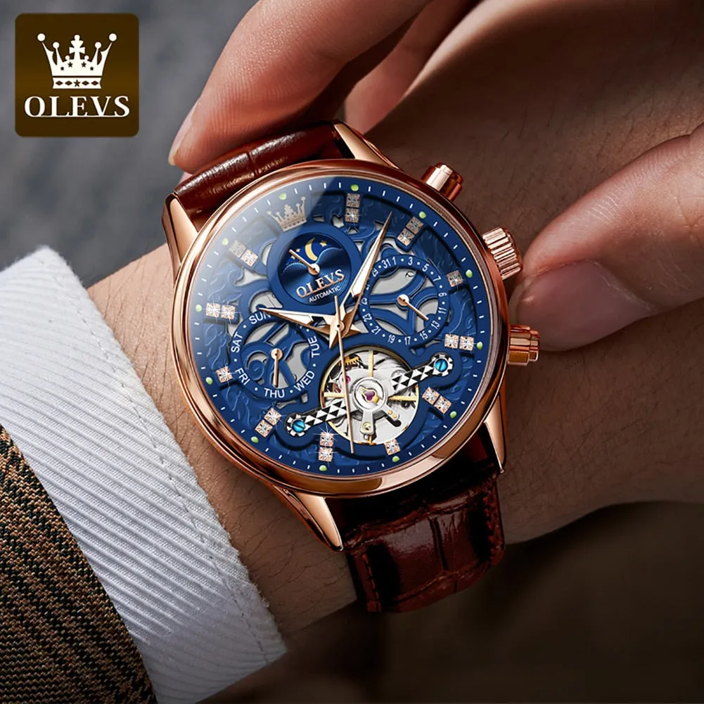 OLEVS Mechanical Watches Diamond Skeleton Automatic Self-Wind Moon Phase Business Wristwatch Waterproof Moonswatch