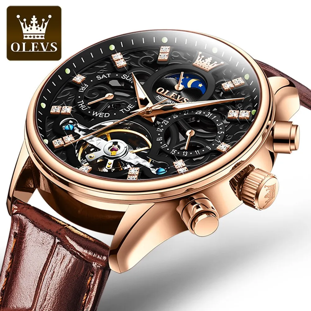 OLEVS Mechanical Watches Diamond Skeleton Automatic Self-Wind Moon Phase Business Wristwatch Waterproof Moonswatch