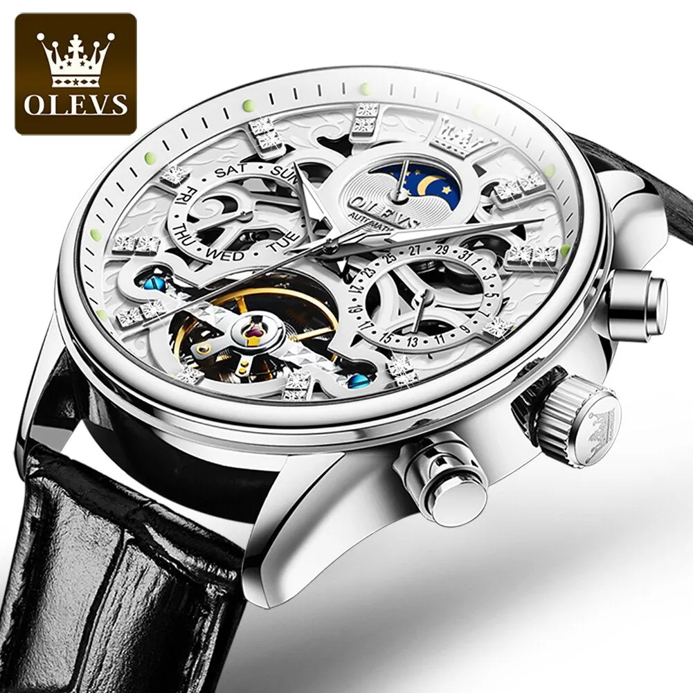 OLEVS Mechanical Watches Diamond Skeleton Automatic Self-Wind Moon Phase Business Wristwatch Waterproof Moonswatch