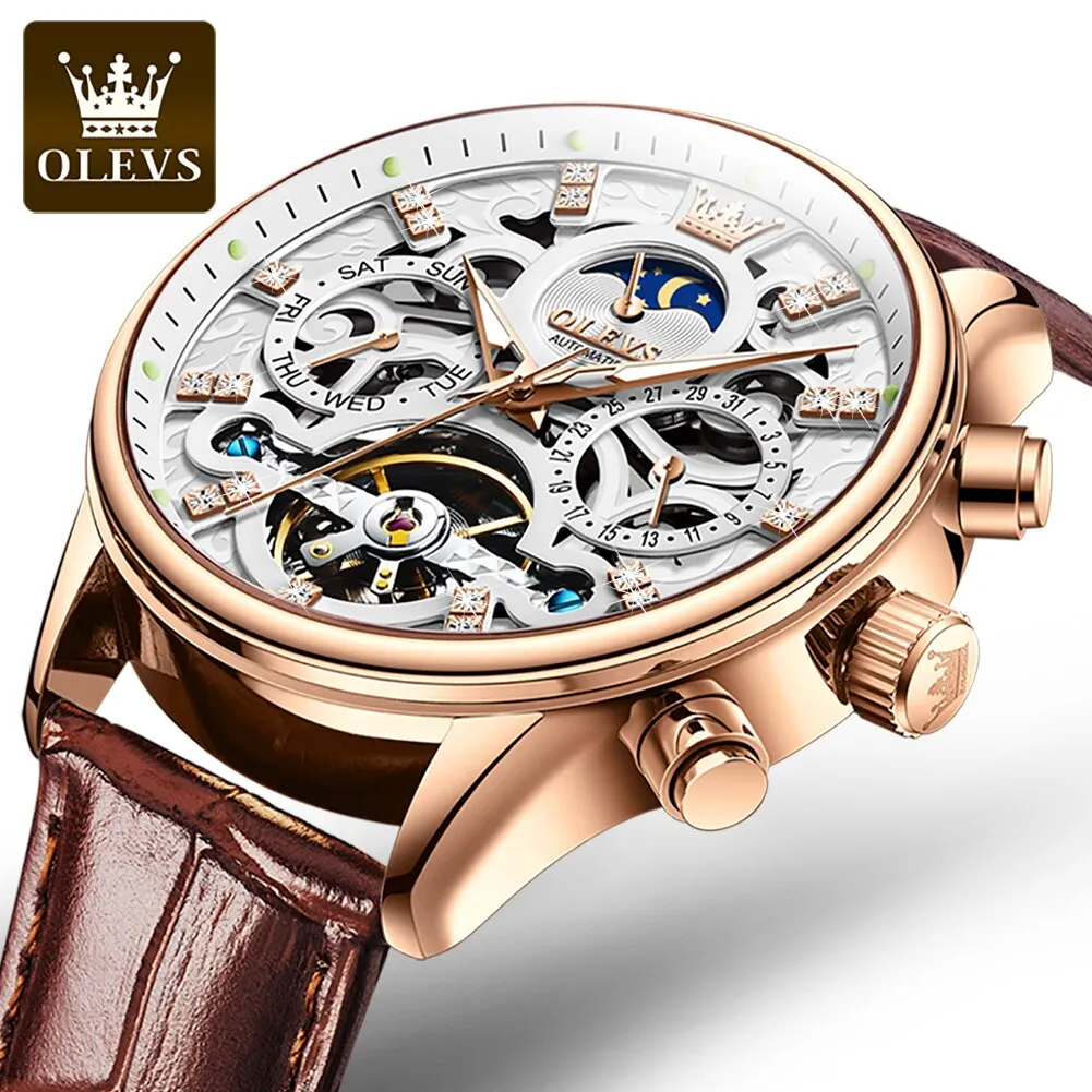 OLEVS Mechanical Watches Diamond Skeleton Automatic Self-Wind Moon Phase Business Wristwatch Waterproof Moonswatch