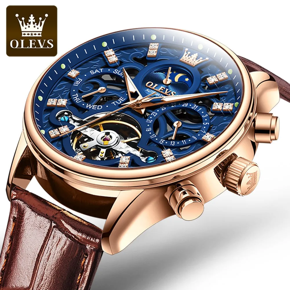 OLEVS Mechanical Watches Diamond Skeleton Automatic Self-Wind Moon Phase Business Wristwatch Waterproof Moonswatch