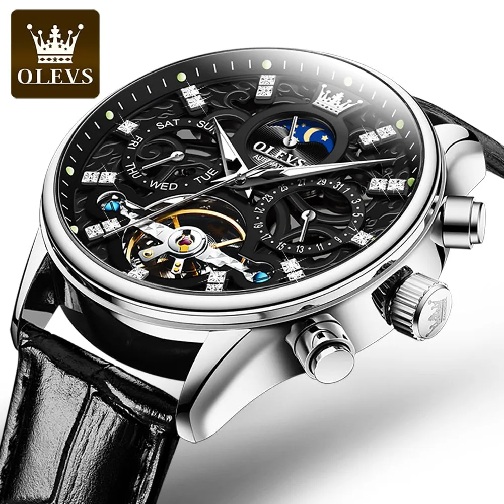 OLEVS Mechanical Watches Diamond Skeleton Automatic Self-Wind Moon Phase Business Wristwatch Waterproof Moonswatch