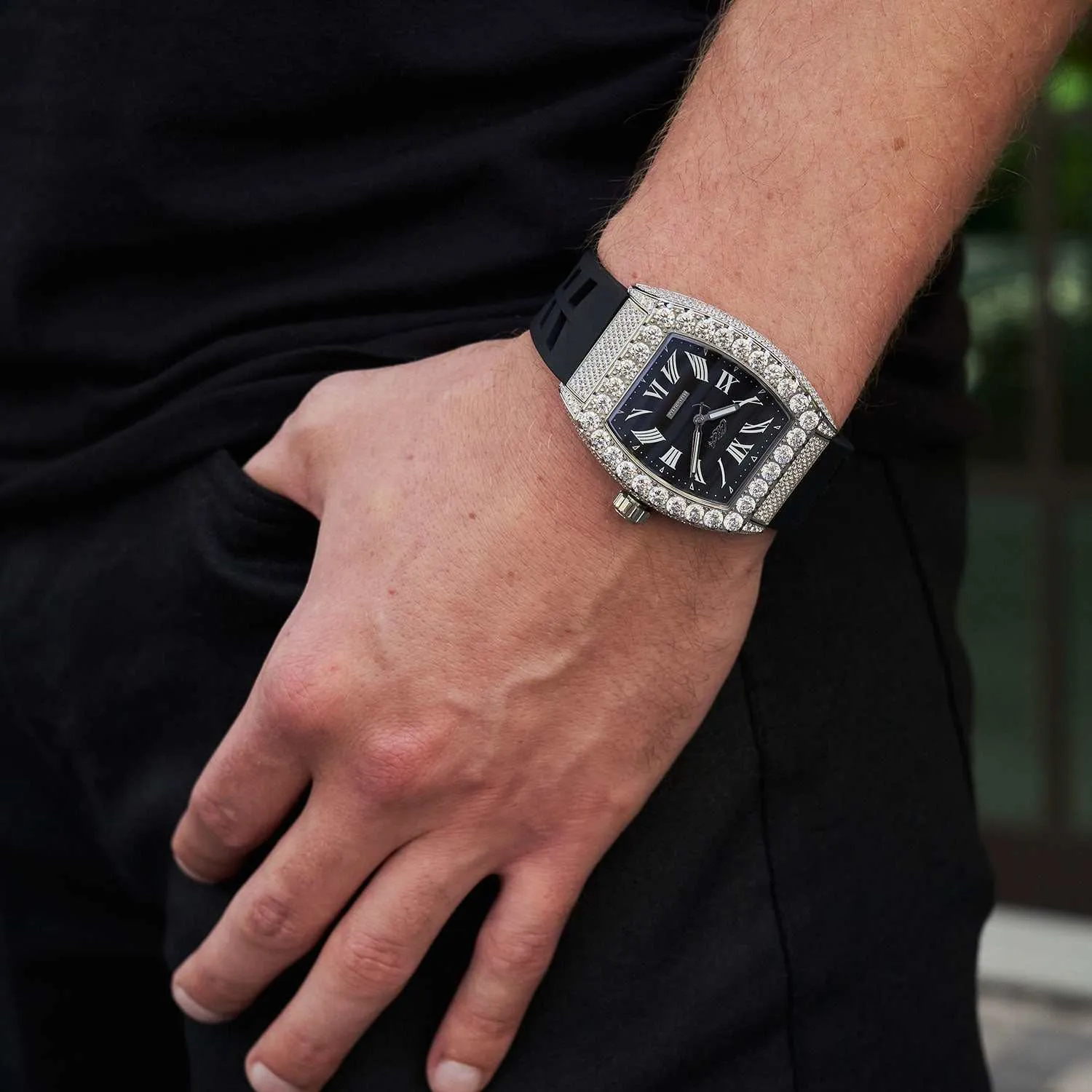 Perennial Era Roman Numeral Black Dial - Iced w/Rubber Strap