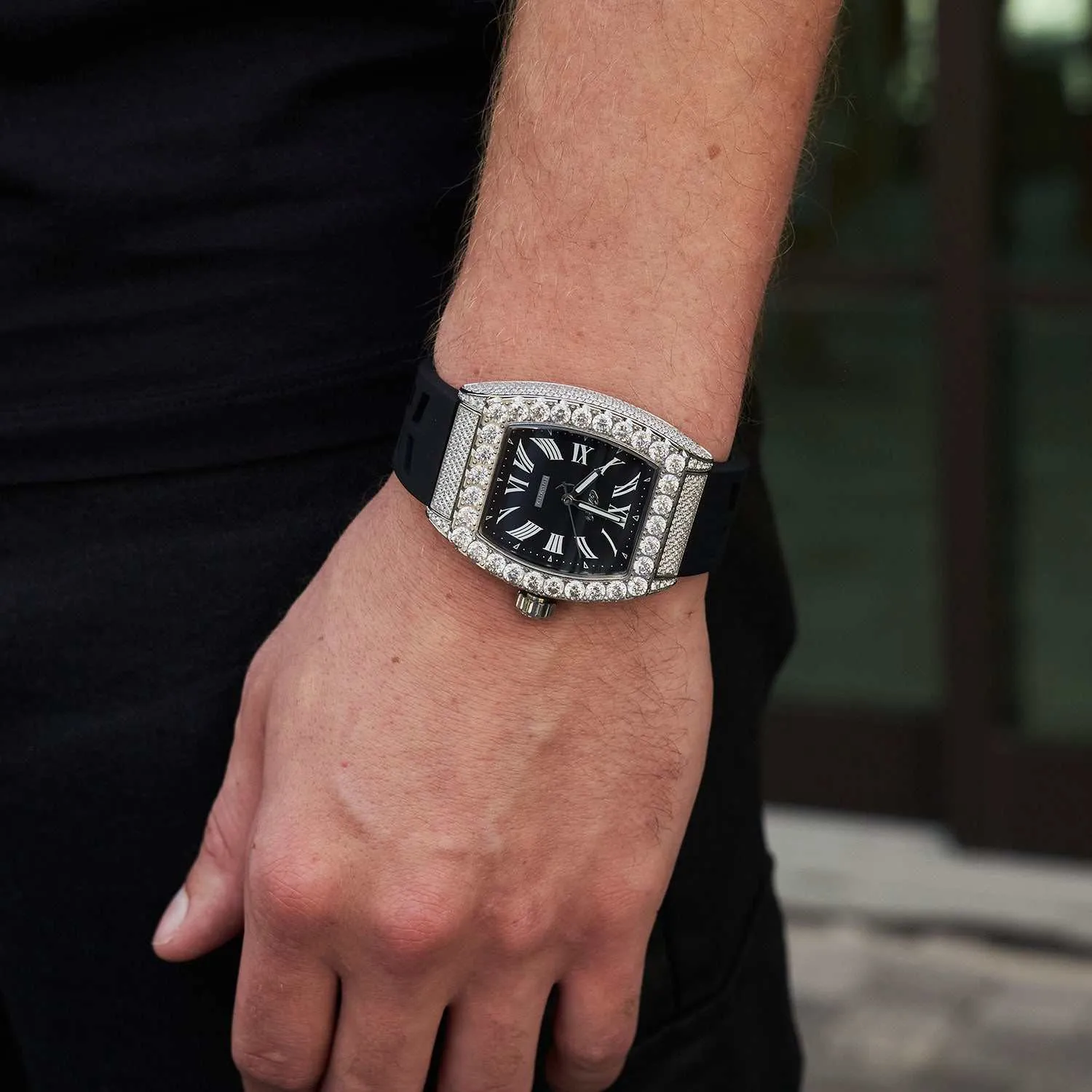 Perennial Era Roman Numeral Black Dial - Iced w/Rubber Strap