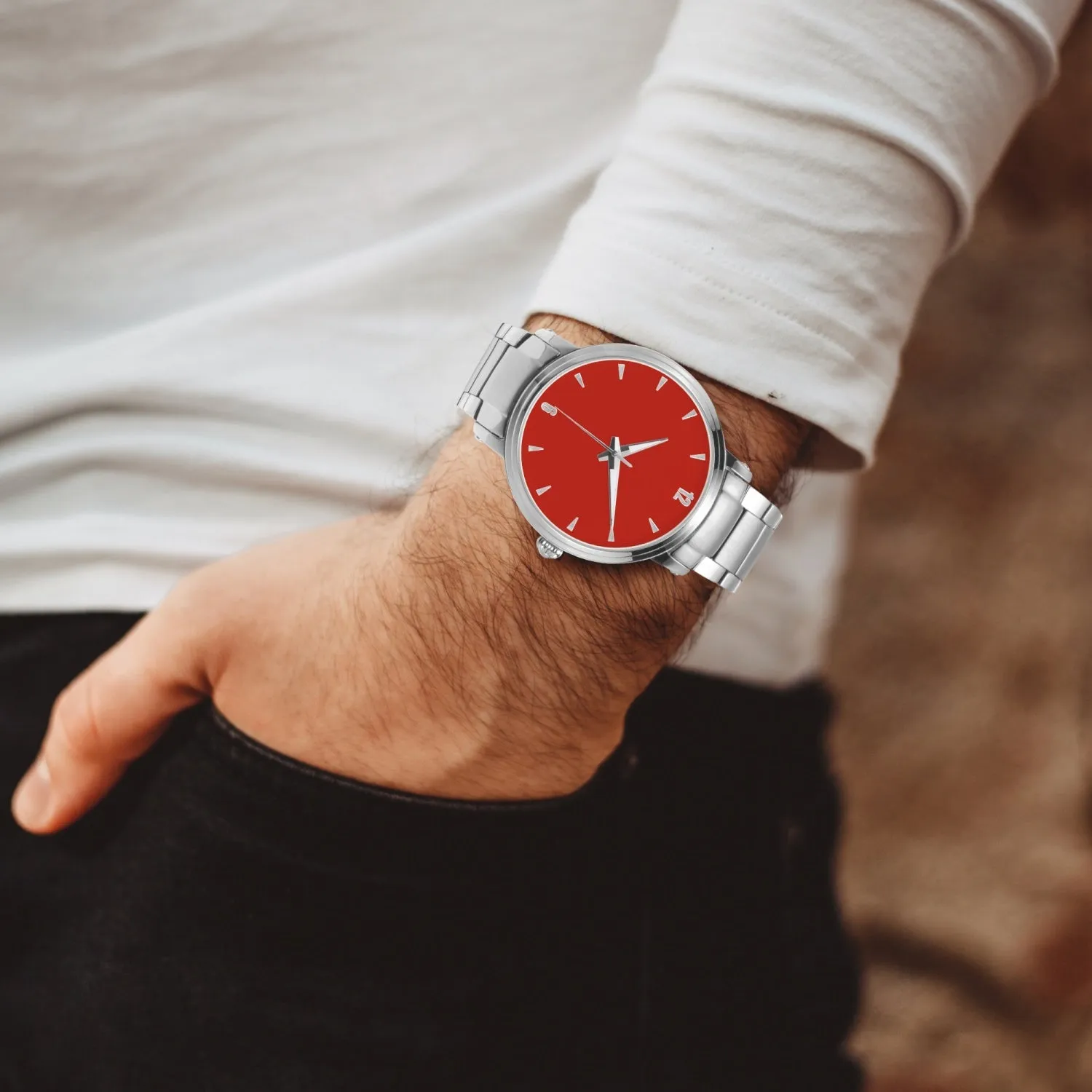 Red Face Customizable New Steel Strap Automatic Watch (With Indicators)