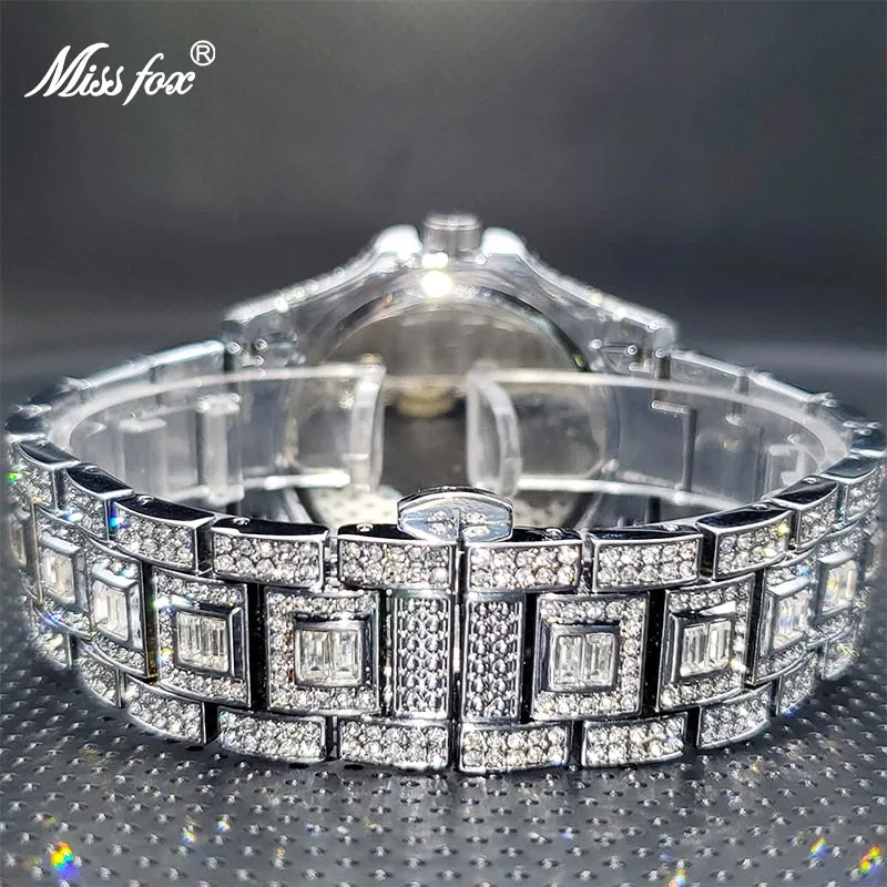Relogio Masculino Luxury MISSFOX Ice Out Diamond Watch Multifunction Day Date Adjust Calendar Quartz Watches Droshipping