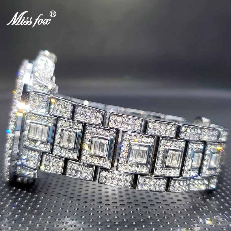 Relogio Masculino Luxury MISSFOX Ice Out Diamond Watch Multifunction Day Date Adjust Calendar Quartz Watches Droshipping