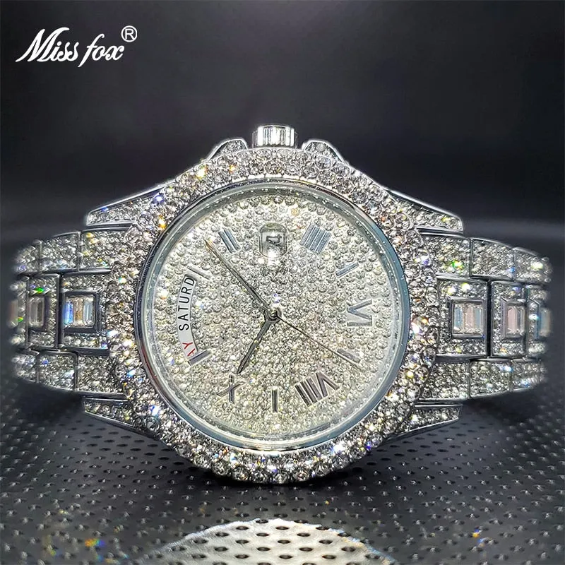 Relogio Masculino Luxury MISSFOX Ice Out Diamond Watch Multifunction Day Date Adjust Calendar Quartz Watches Droshipping