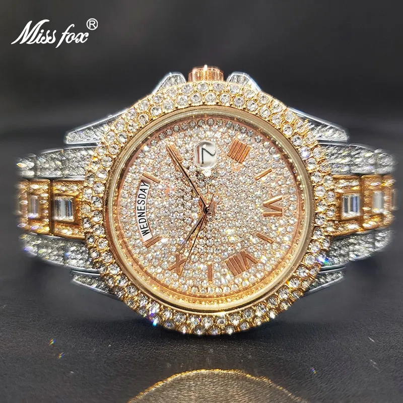 Relogio Masculino Luxury MISSFOX Ice Out Diamond Watch Multifunction Day Date Adjust Calendar Quartz Watches Droshipping