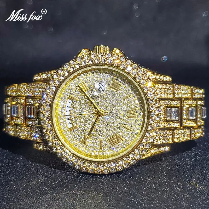 Relogio Masculino Luxury MISSFOX Ice Out Diamond Watch Multifunction Day Date Adjust Calendar Quartz Watches Droshipping