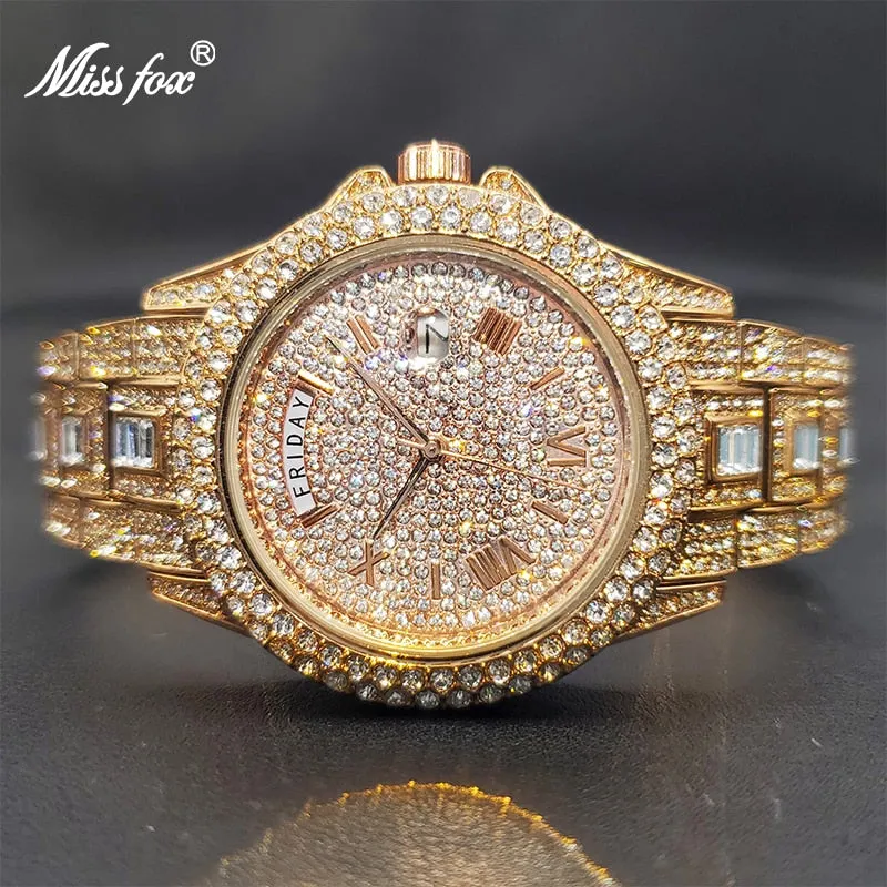 Relogio Masculino Luxury MISSFOX Ice Out Diamond Watch Multifunction Day Date Adjust Calendar Quartz Watches Droshipping