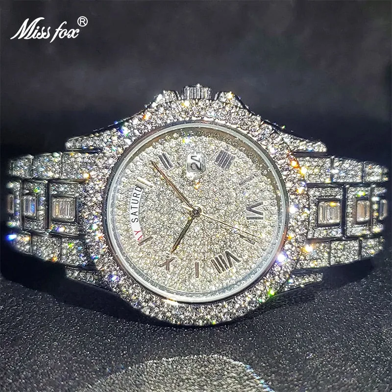 Relogio Masculino Luxury MISSFOX Ice Out Diamond Watch Multifunction Day Date Adjust Calendar Quartz Watches Droshipping