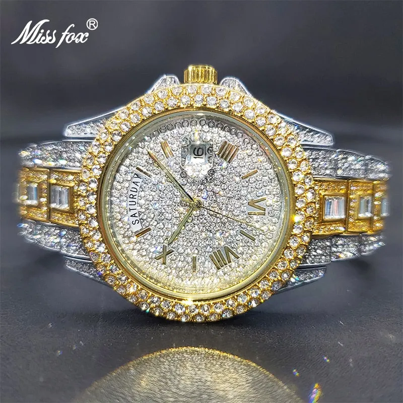 Relogio Masculino Luxury MISSFOX Ice Out Diamond Watch Multifunction Day Date Adjust Calendar Quartz Watches Droshipping