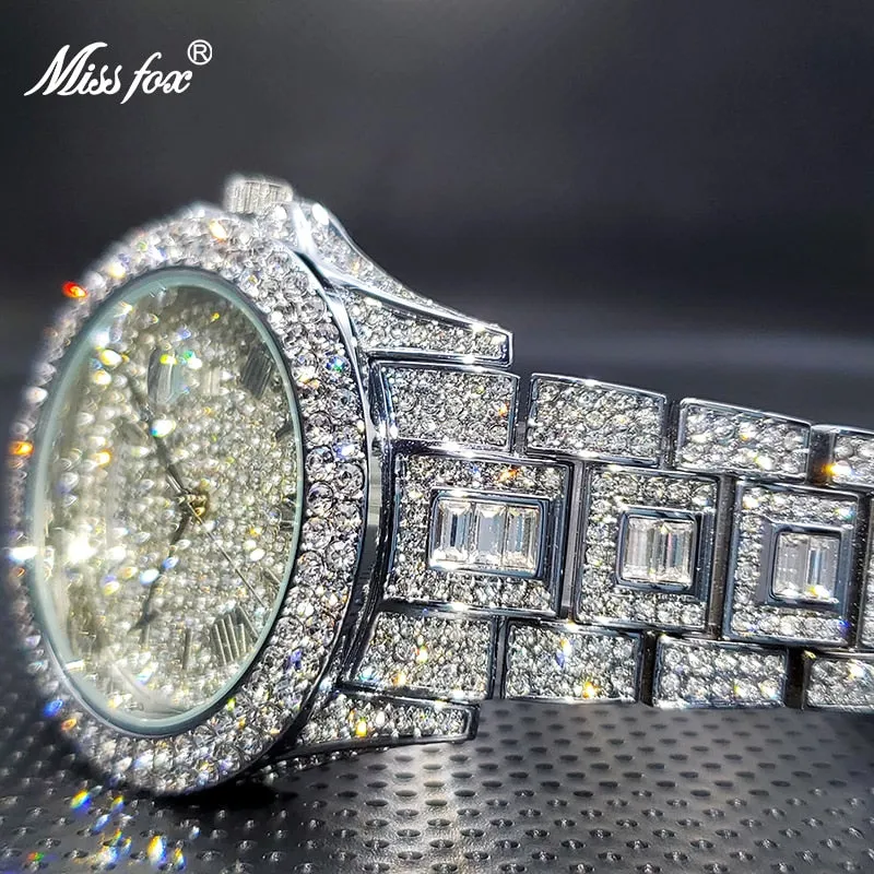 Relogio Masculino Luxury MISSFOX Ice Out Diamond Watch Multifunction Day Date Adjust Calendar Quartz Watches Droshipping