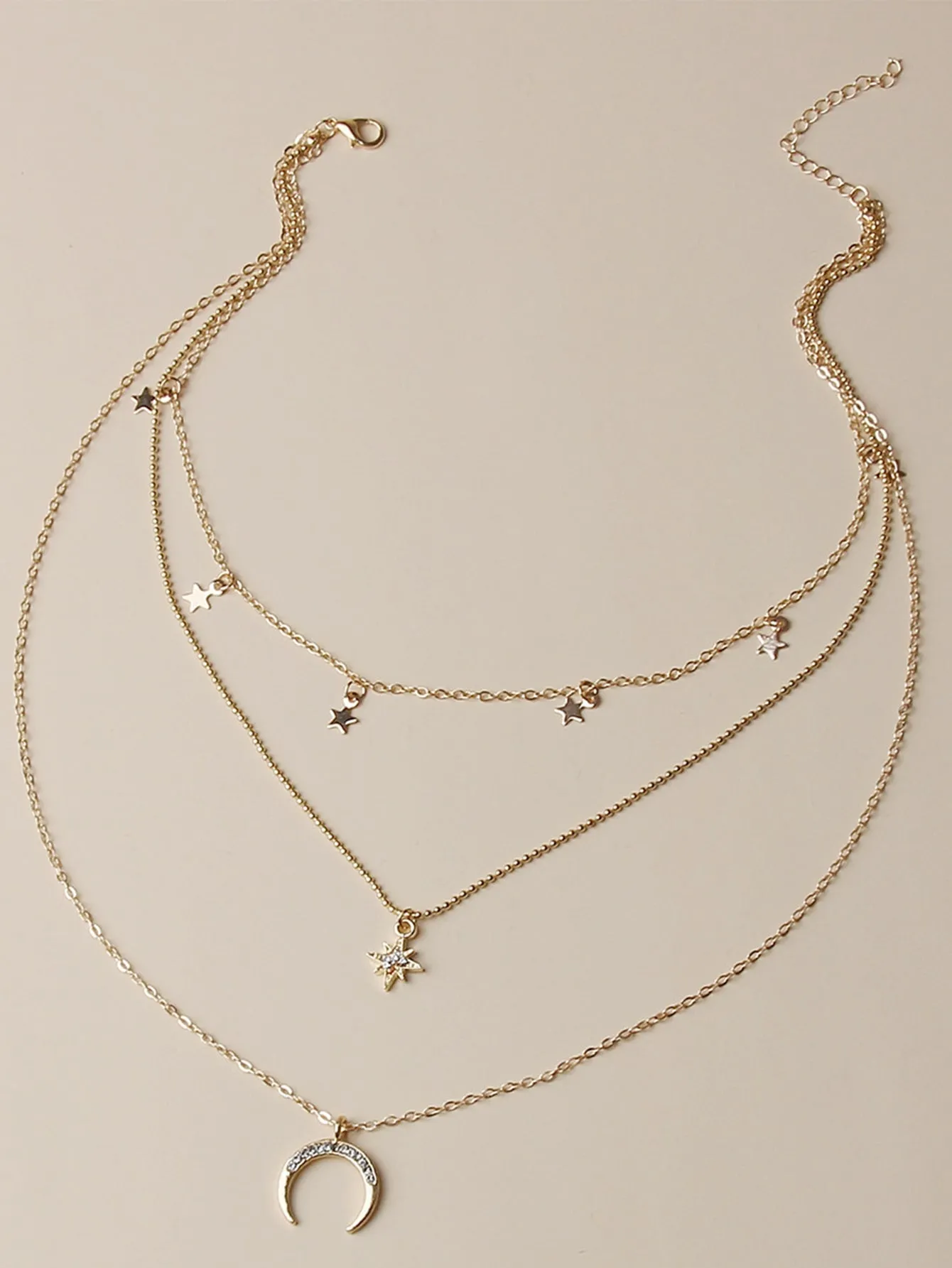 Rhinestone Moon & Star Charm Layered Necklace for Women Girls Accessories