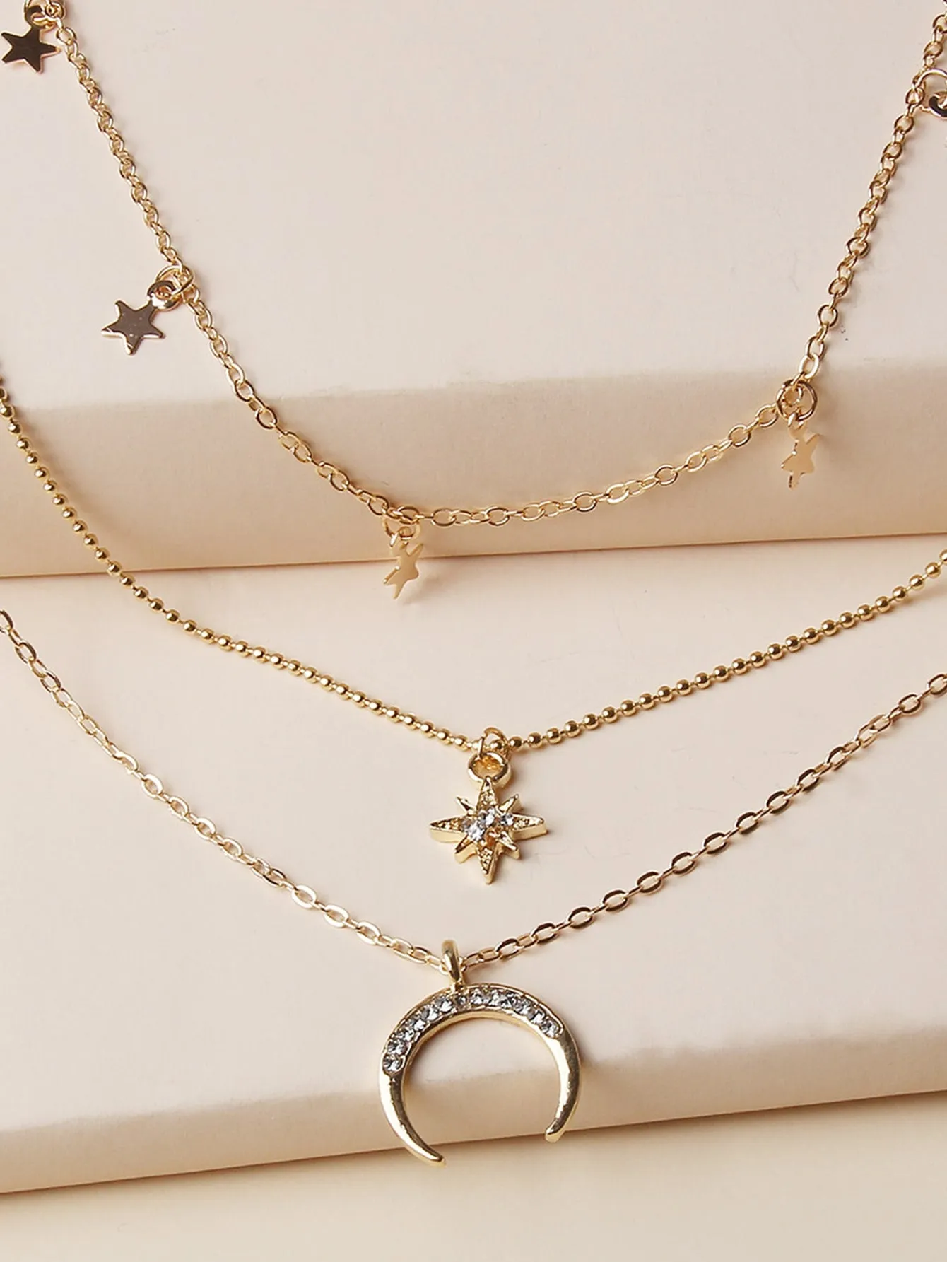 Rhinestone Moon & Star Charm Layered Necklace for Women Girls Accessories