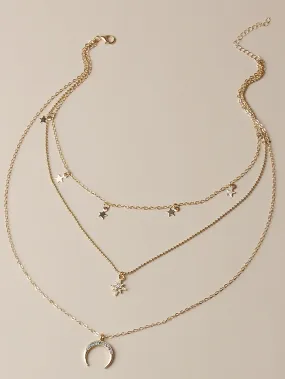 Rhinestone Moon & Star Charm Layered Necklace for Women Girls Accessories