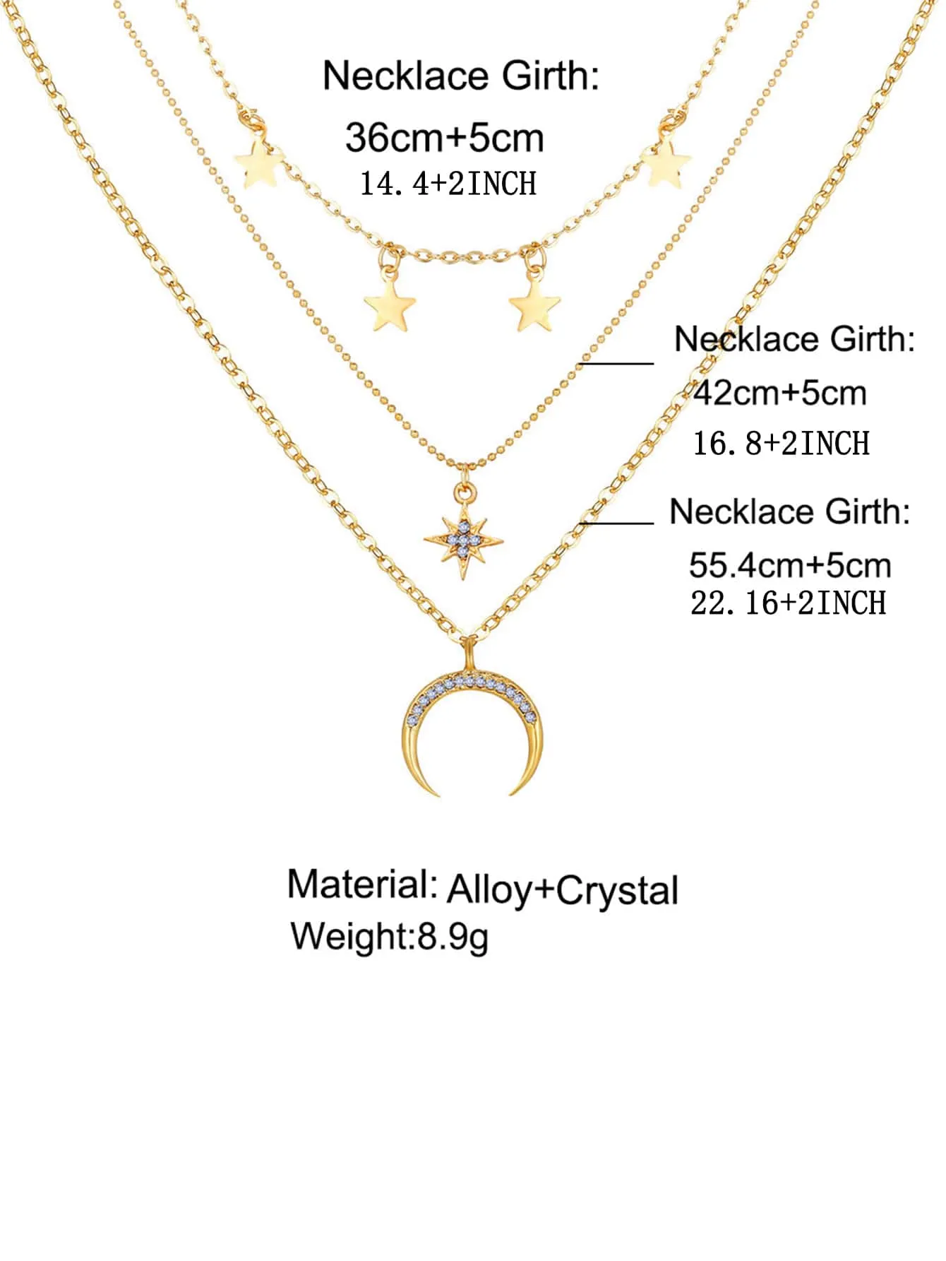 Rhinestone Moon & Star Charm Layered Necklace for Women Girls Accessories