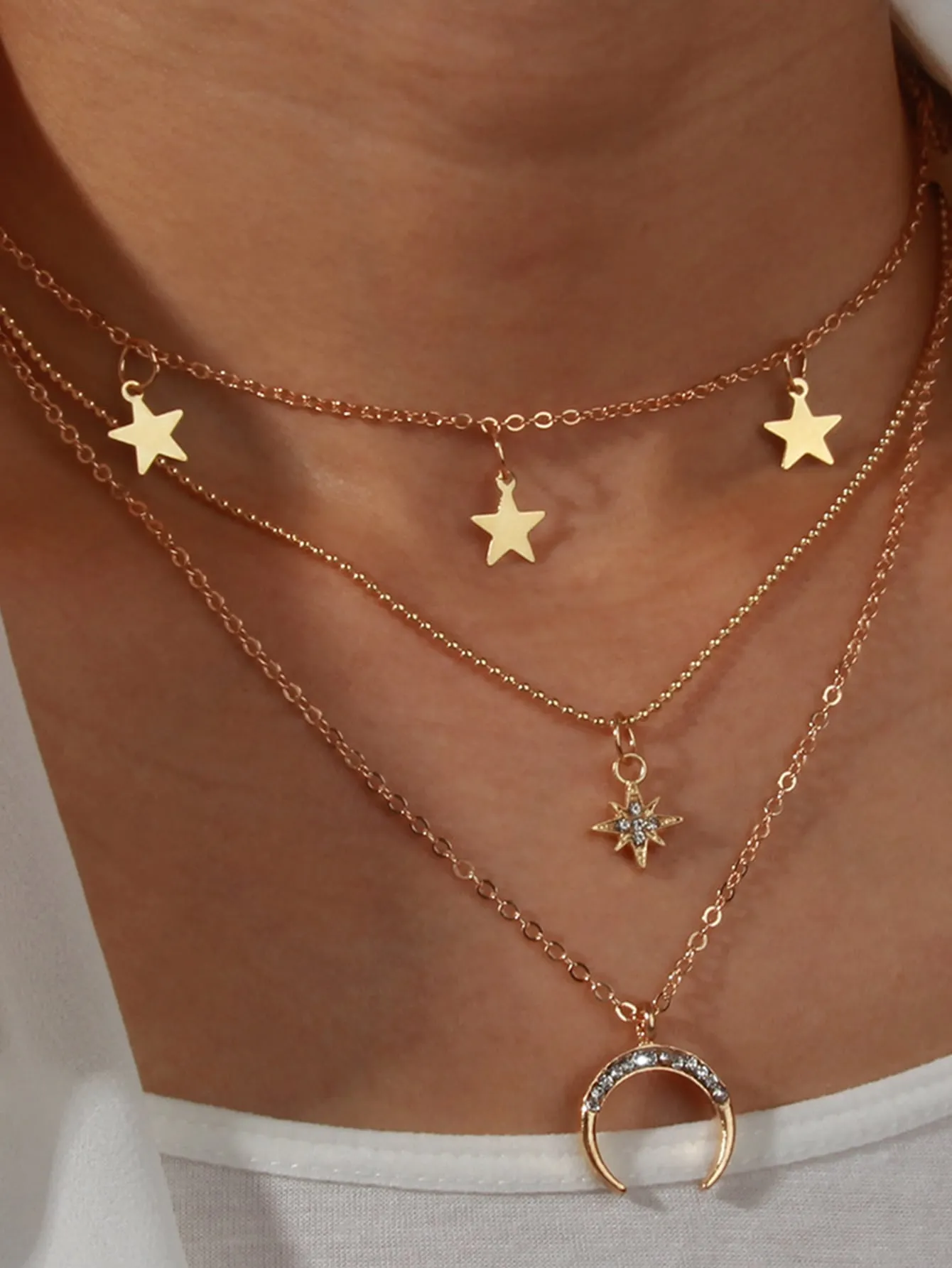 Rhinestone Moon & Star Charm Layered Necklace for Women Girls Accessories