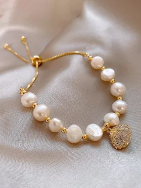 Rhinestone Shell Charm Natural Pearl Decor Bracelet Women Bracelet Stackable