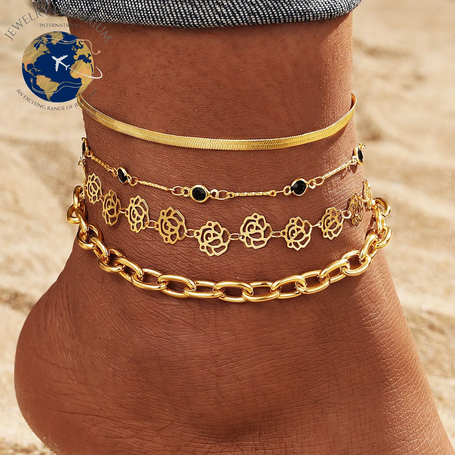 Snake Chain Rose Black Diamond Anklet 4-Piece Set
