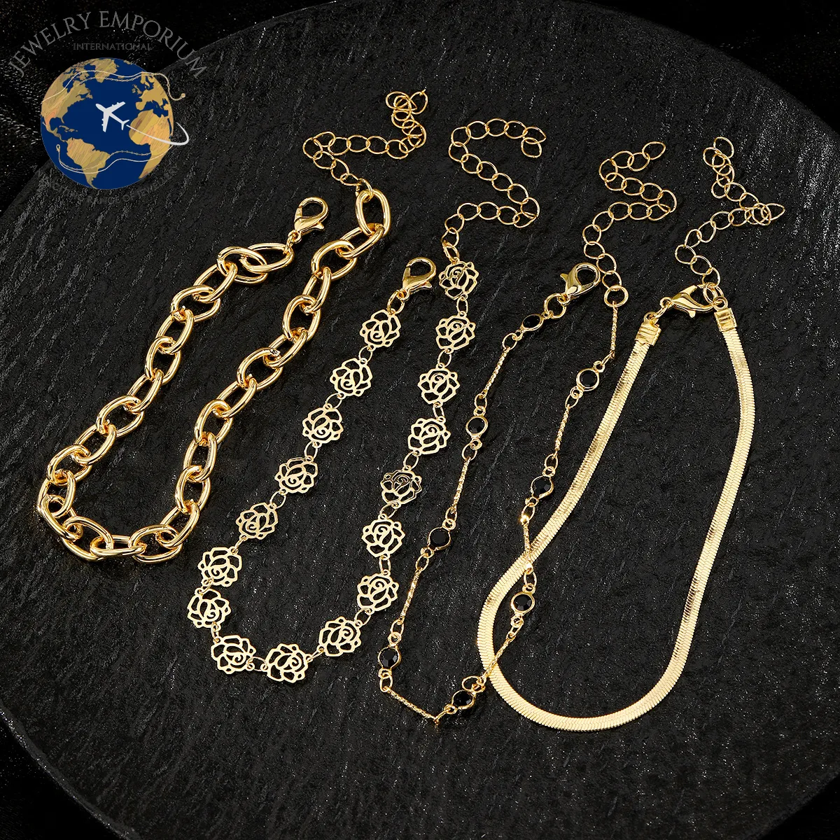 Snake Chain Rose Black Diamond Anklet 4-Piece Set