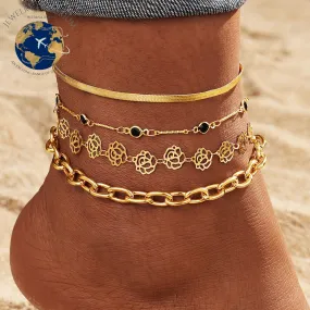 Snake Chain Rose Black Diamond Anklet 4-Piece Set